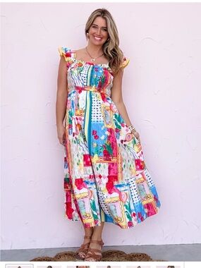 Umgee Amalfi Multicolor Patchwork Maxi Dress with Ruffle Straps